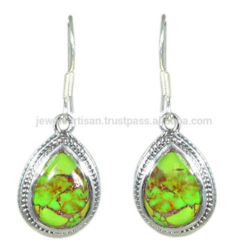 Pear Design Green Copper Turquoise Gemstone &amp; 925 Sterling Silver Party Wear Dangle Earrings